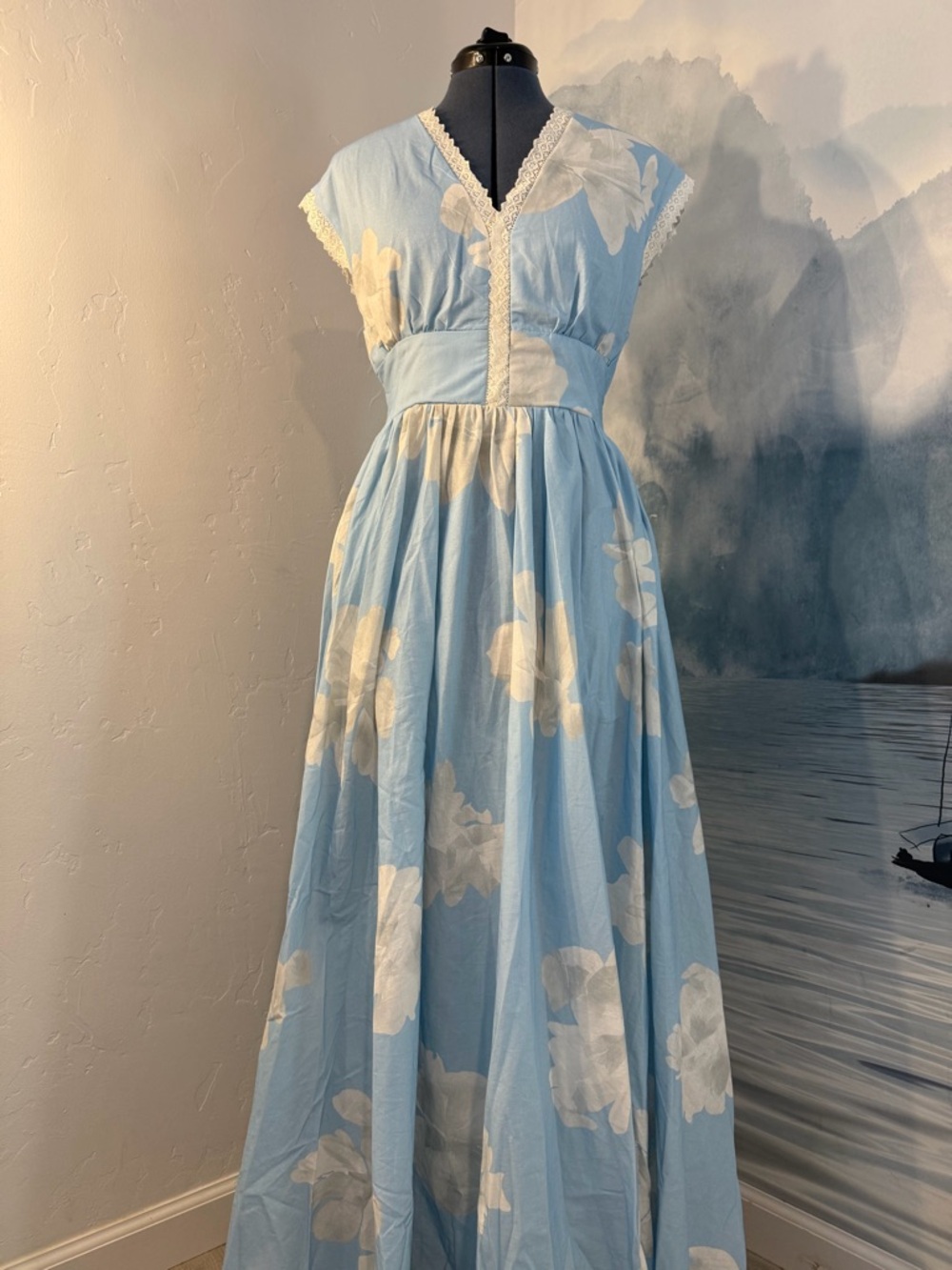 Sky Blue Floral Lace-Trim Maxi Dress 168 - Picture 2 of 7